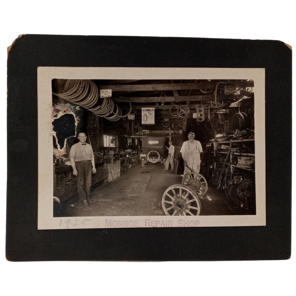 1925 Monroe Repair Shop Cabinet Card Photograph Overalls Automobile Mechanic Tir